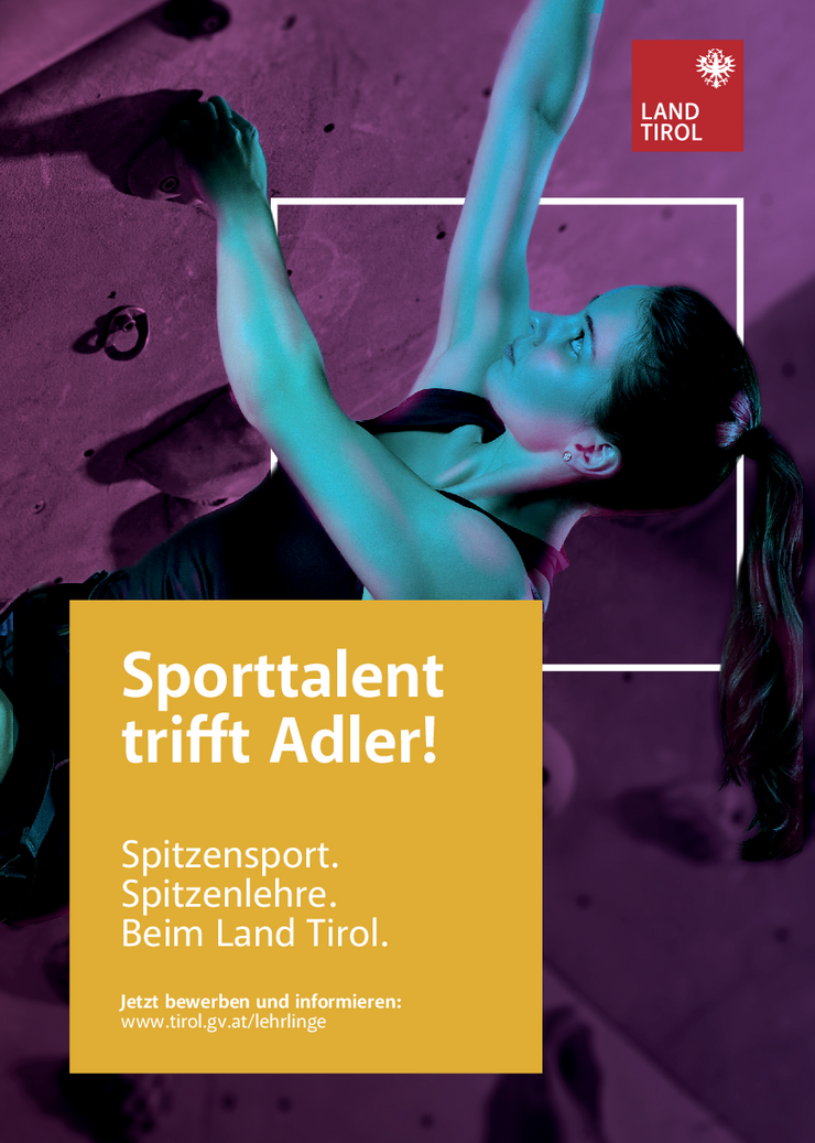 Sujet mit gelben Quadrat mit der Aufschrift "Sporttalent trifft Adler" und eine Kletterin im Hintergrund
