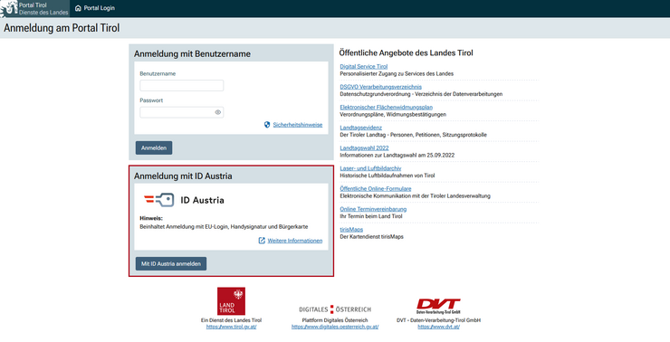 Screenshot vom Portal Tirol mit Markierung um das Feld Anmeldung mit ID Austria