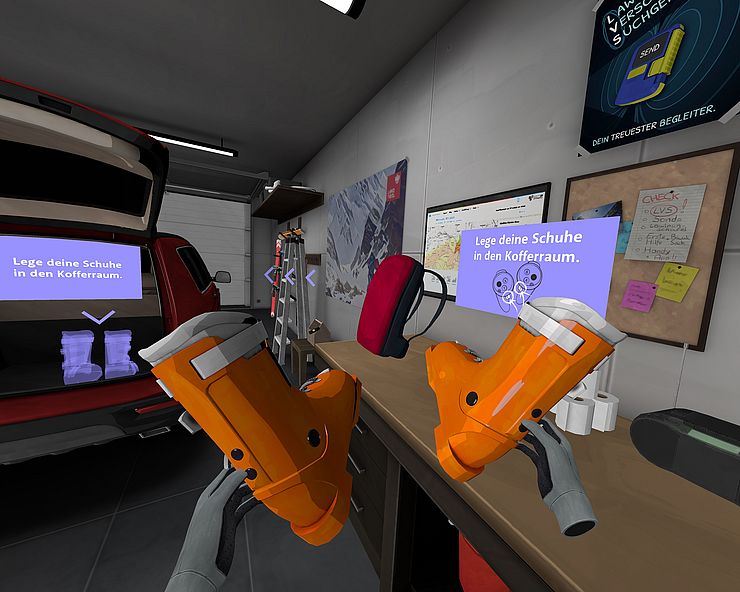 Aufnahme der Simulation (aus der Ego-Perspektive): Garage mit Auto; zwei Hände halten Skischuhe fest