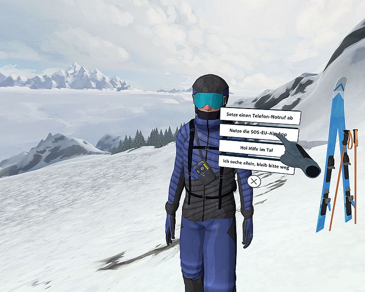 Aufnahme der Simulation (aus der Ego-Perspektive): auf dem Berg steht Person in Skiausrüstung; Menü mit mehreren Optionen zum auswählen