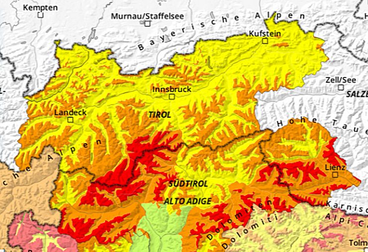 Screenshot der aktuellen Karte zur Lawinengefahr in Tirol vom 09.03.2024