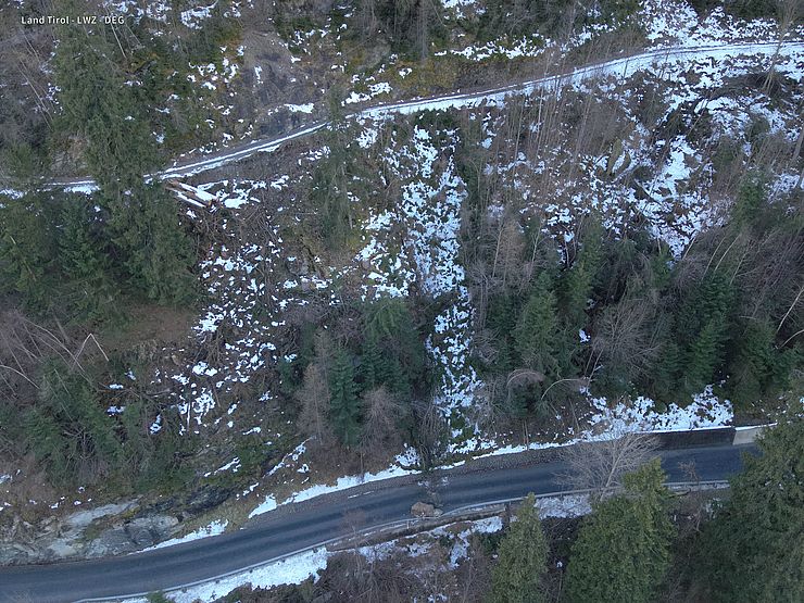 Foto des betroffenen Gebiets, es sind die Straße, der Hang und der Forstweg zu sehen