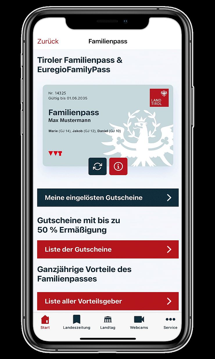 Übersichtlich, einfach und überall mit dabei: Der digitale Tiroler Familienpass/EuregioFamilyPass am Handy.