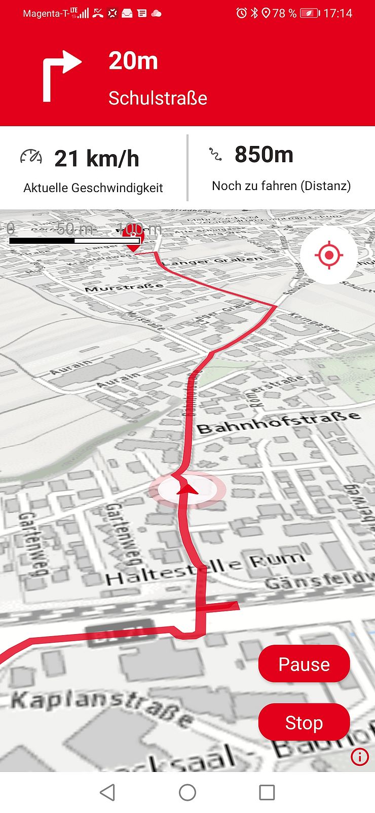 Kartendarstellung einer Route in der Stadt