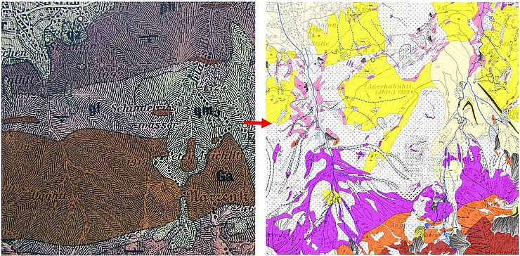 "Projekt Salzstraße": von der herkömmlichen geologischen Karte (links: Ausschnitt Hammer 1929) zur interdisziplinär verwendbaren geologischen Karte (rechts: Ausschnitt Salzstraße 2005)