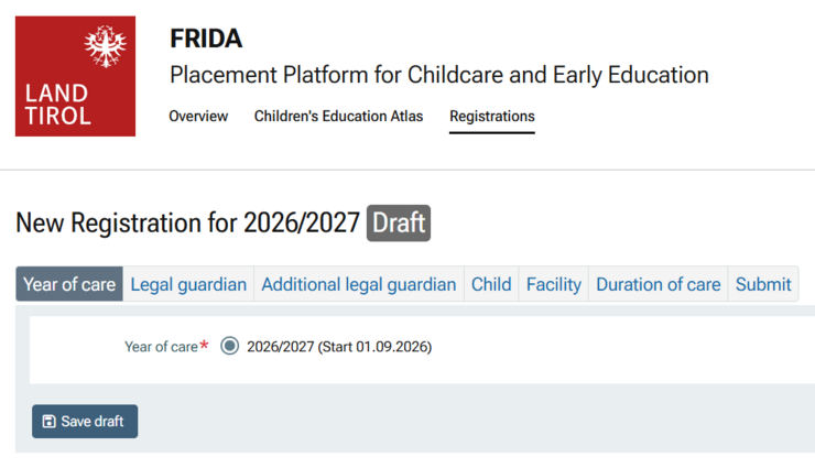 This is what the FRIDA start screen looks like. Outside the registration period from 1 December 2025 to 31 January 2026, a corresponding notice will appear.