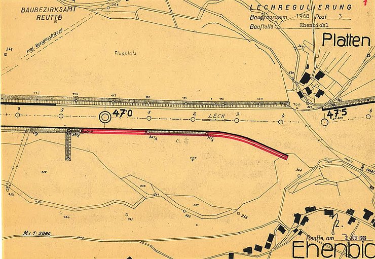 Lageplan von 1968 - Die bestehende Längsverbauung wurde 1968 mit einem zusätzlichen Damm verstärkt. 
