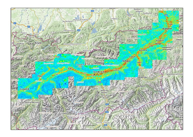 Tirol-Karte mit Einfärbung der Hitzeinseln entlang des Inntals in Orange und der umliegenden Kaltluftströme in Blau