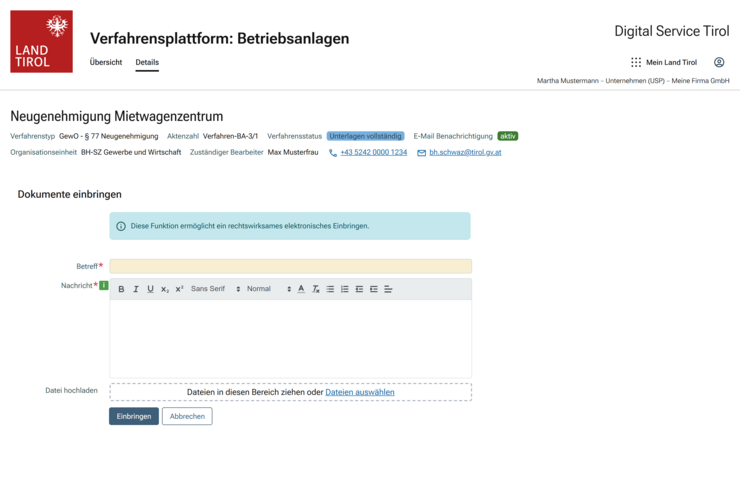 © Land Tirol Formular zum Einbringen eines Dokuments.
