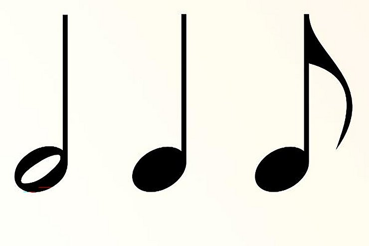 Drei Noten stehen vor einem beigen Hintergrund. Eine Halb-, eine Viertel und eine Achtelnote.