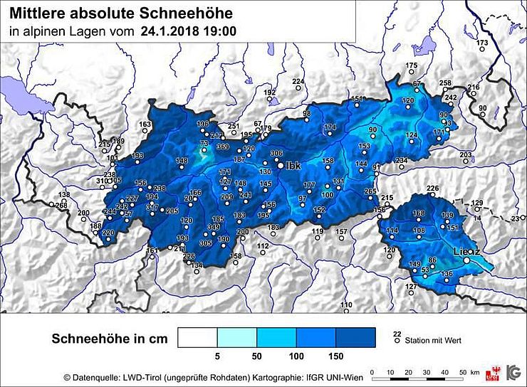 Lagekarte Schnee in Tirol.
