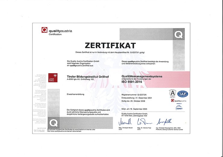 Zertifikat für den Nachweis des QMS laut ISO 9001:2015