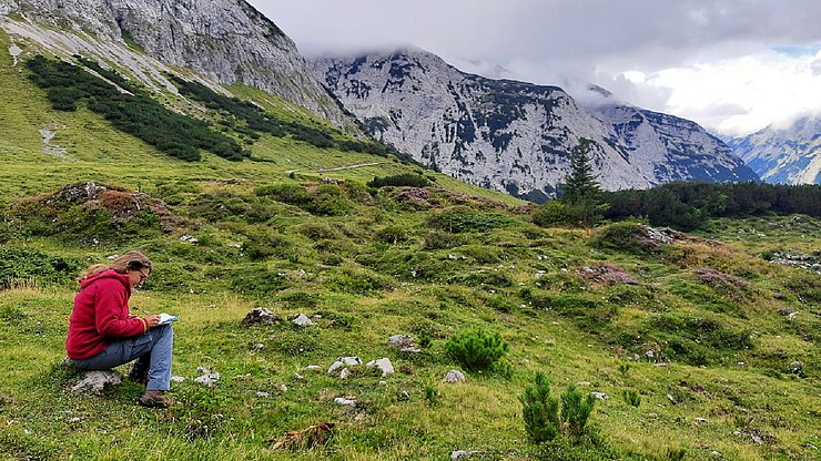 Person sitzt in Naturpark auf einem Stein und schreibt in Notizblock