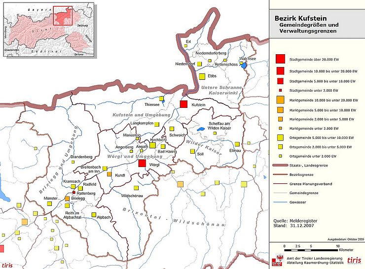 Karte Bezirk Kufstein - Gemeindegrössen