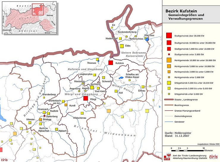 Karte Bezirk Kufstein - Gemeindegrössen