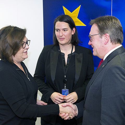 EU-Kommissarin Adina Ioana Valean gibt Landeshauptmann Günther Platter die Hand.