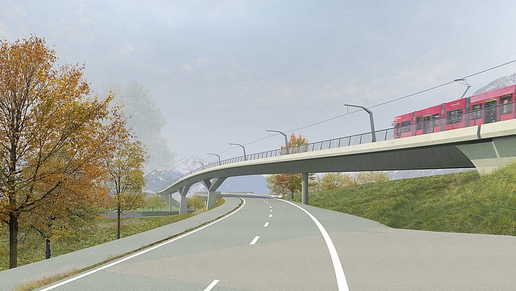 Brücke über Bundesstraße - Visualisierung mit roter Straßenbahn