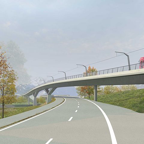 Brücke über Bundesstraße - Visualisierung mit roter Straßenbahn