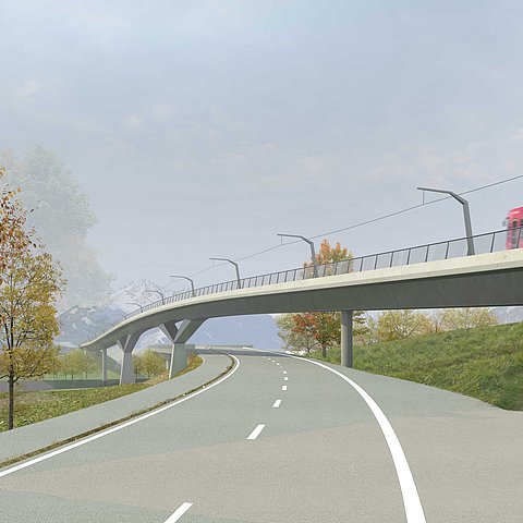 Brücke über Bundesstraße - Visualisierung mit roter Straßenbahn