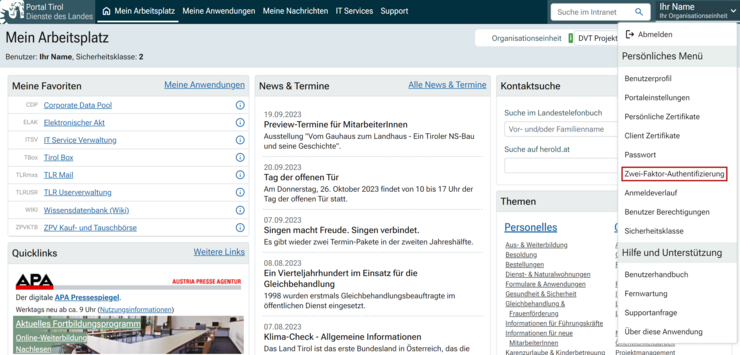 Screenshot vom Portal Tirol mit einer Markierung des Menüpunktes Zwei-Faktor-Authentifizierung