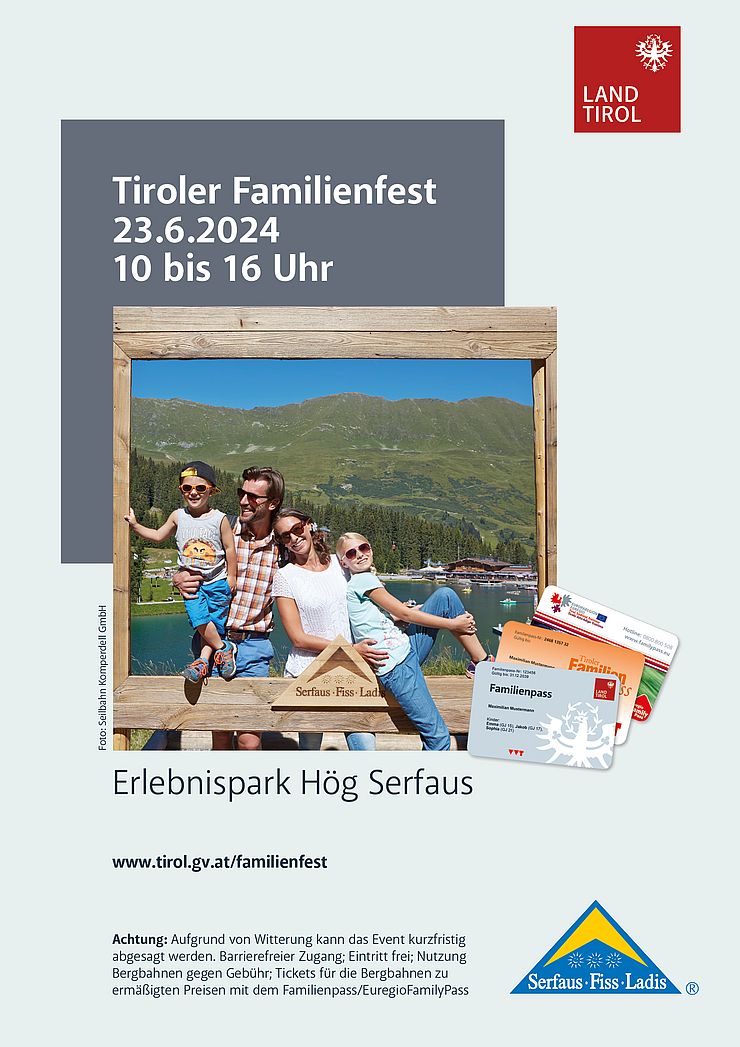 Plakat Tiroler Familienfest 2024 im Erlebnispark Hög Serfaus, zwei Erwachsene und zwei Kinder vor einem See mit Bergkulisse im Hintergrund