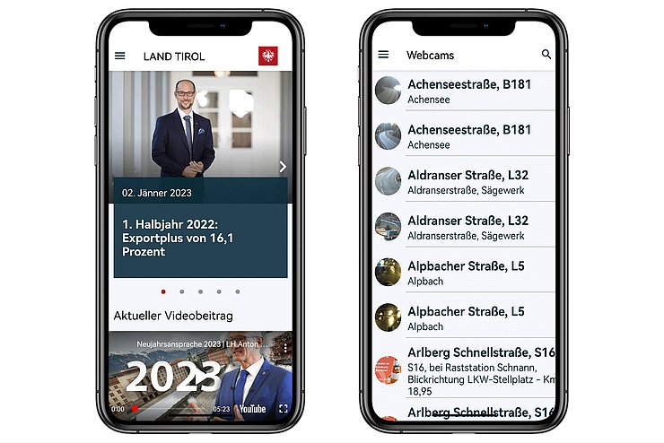 zwei Handys nebeneinander, einmal mit Anzeige von Pressemeldungen und einmal mit Anzeige der Webcams