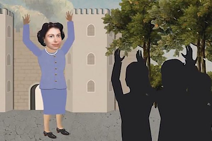 Queen Elizabeth steht als animierte Papierfigur vor einer Menga an Leuten. 