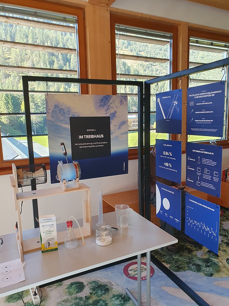 Ein Ausstellungsaufbau zum Thema „Im Treibhaus – Mit Infrarotstrahlung und Zitronensäure die Erdatmosphäre aufheizen“ mit Informationstafeln sowie einem Tisch mit einem Versuchsaufbau aus einem Messbecher, einem Thermometer, einem Glasgefäß mit weißem Pulver, einer Packung Zitronensäure und weiteren Labor-Materialien. Auf Tafeln sind weitere Informationen über den Treibhauseffekt dargestellt.