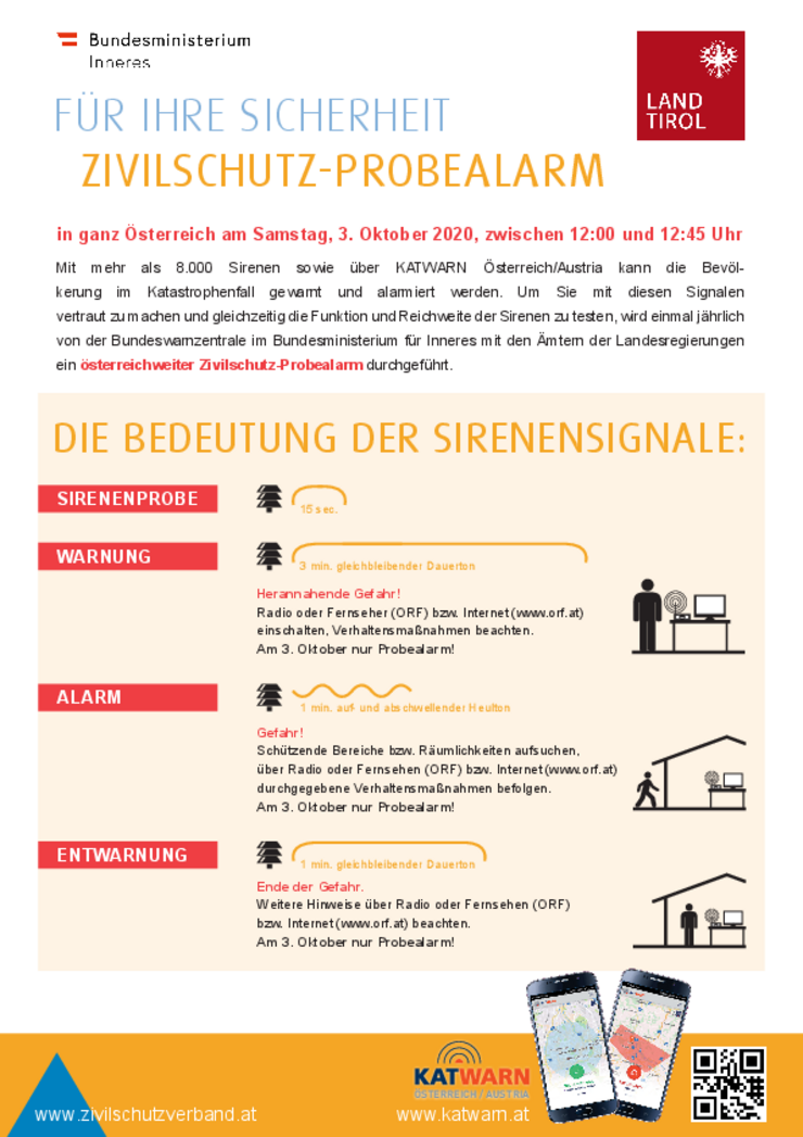 Informationsblatt zum Zivilschutz-Probealarm am Samstag, 3. Oktober 2020