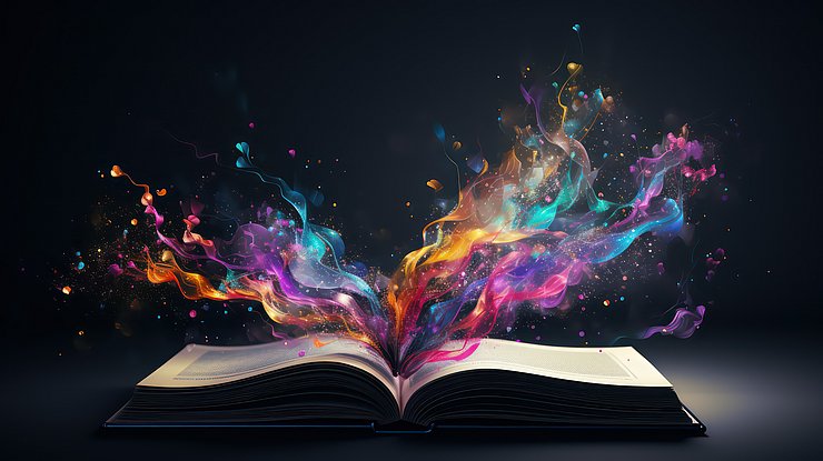 Offenes Buch, aus dem Farbe emporquillt.