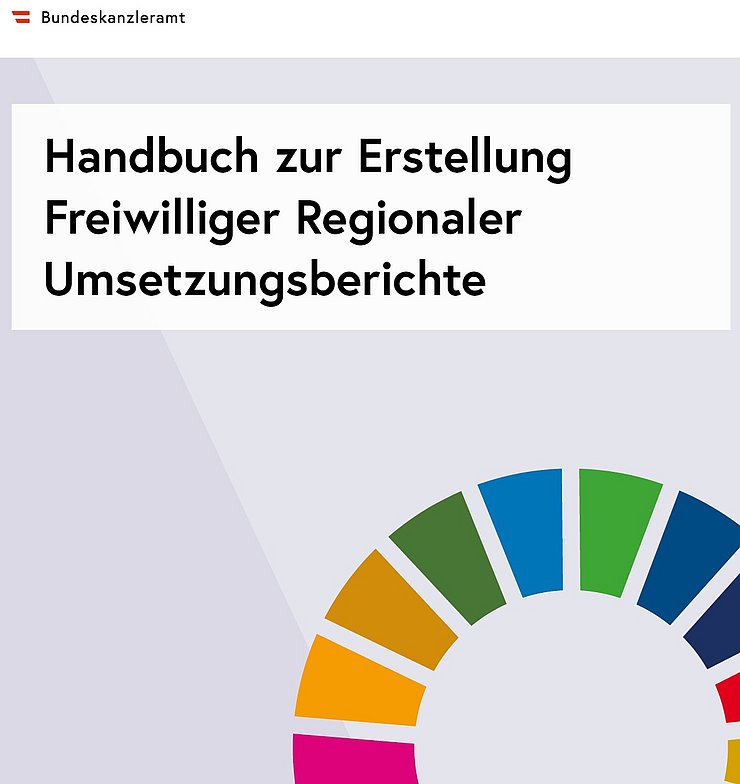 Auf dem Bild sieht man das für das Handbuch zur Erstellung freiwilliger regionaler Umsetzungsberichte. Unten rechts sind kreisförmig die SDG-Farben angeordnet.