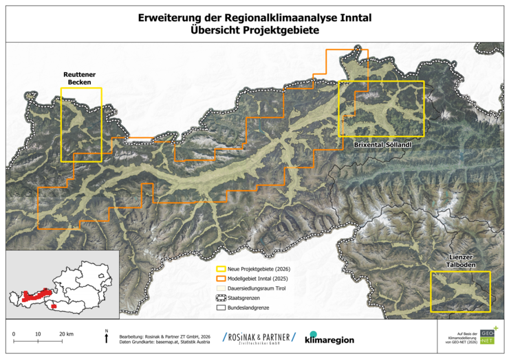 Karte, die die Projektgebiete der Klimaanalyse Tirol zeigt