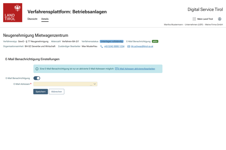 © Land Tirol Formular zur Eingabe von E-Mail Adressen für die E-Mail Benachrichtigung.