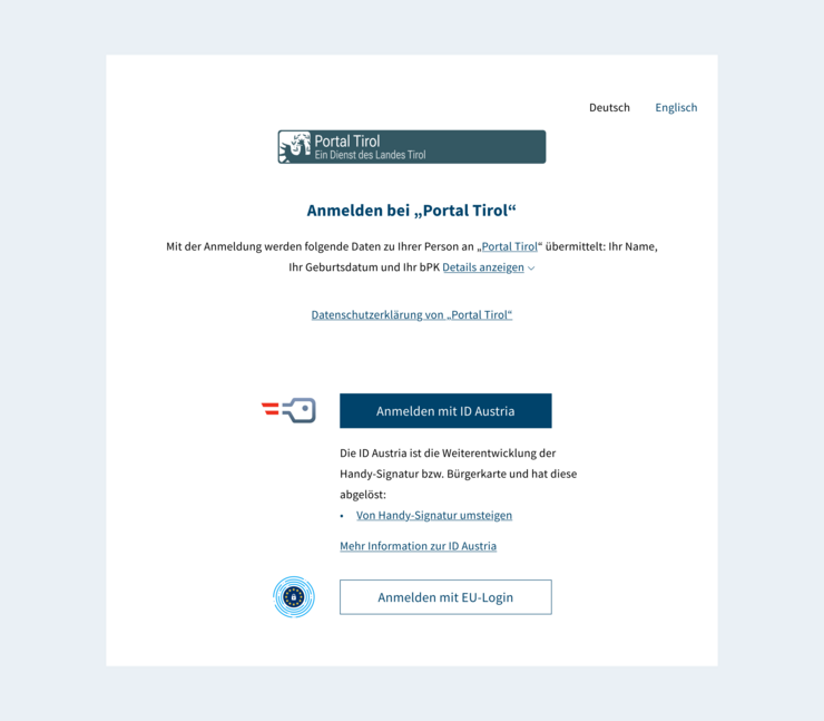 Screenshot von der Übersichtsseite mit den Anmeldeoptionen ID Austria, Handy-Signatur oder Anmelden mit EU-Login