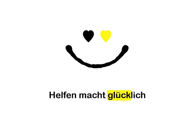 Smiley mit Bildunterschift "Helfen macht glücklich"
