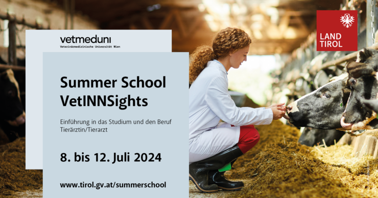 Sujet zeigt Frau, die Hände zu Kuh hinstreckt sowie schriflichte Infos zur Summer School