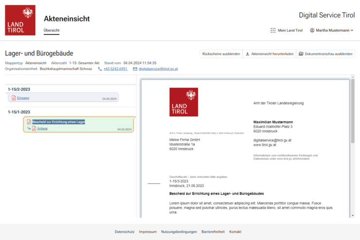 In einer Dokumentenmappe werden Ihnen auf der linken Seite die Geschäftzahlen und Beschreibungen der Dokumente angezeigt. Auf der rechten Seite sehen Sie das jeweils ausgewählte Dokument.