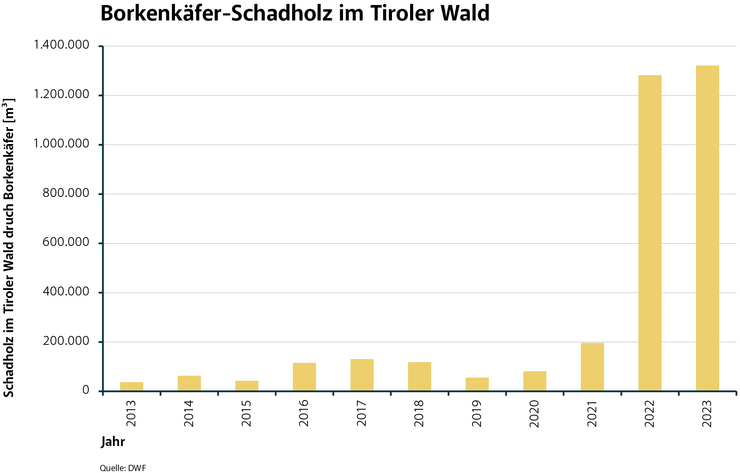 Das Diagramm zeigt, wieviel Schadholz in den Jahren 2013 bis 2023 durch den Borkenkäfer angefallen ist.