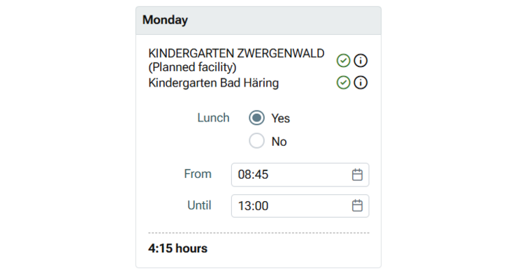 After you have selected a facility, the childcare hours and the requirement for lunch are specified.