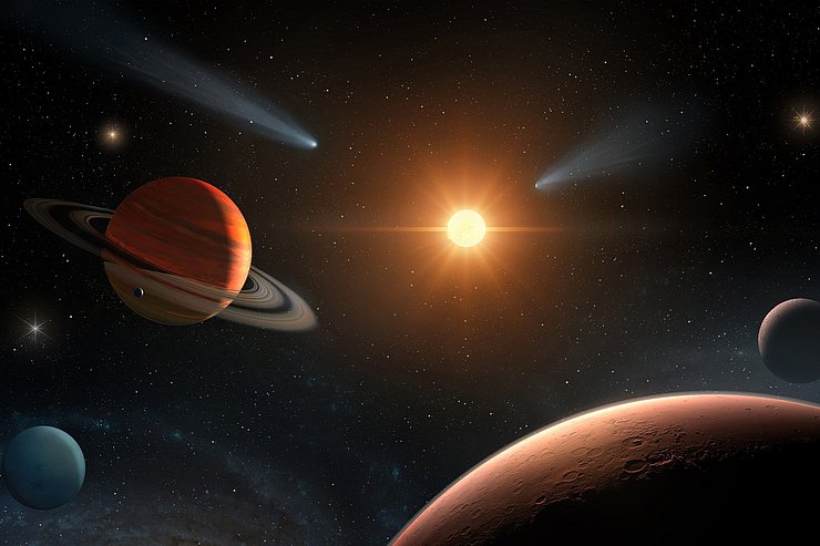 © eduflat Der Weltraum, mit der Sonne und alle seinen Planeten Mitten im dunklen Nichts.