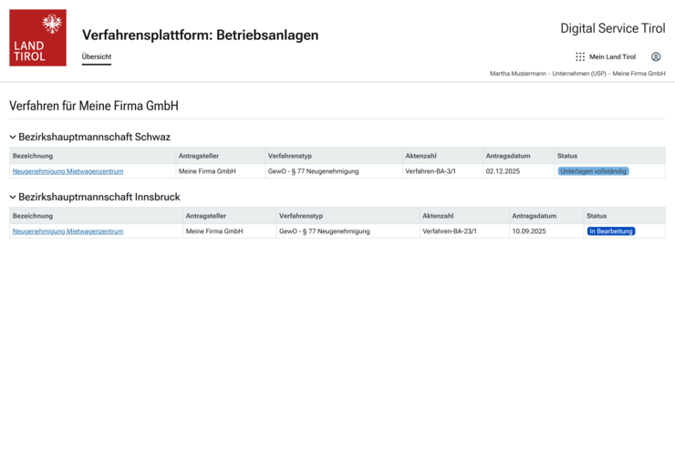 © Land Tirol Übersicht der laufenden Verfahren.