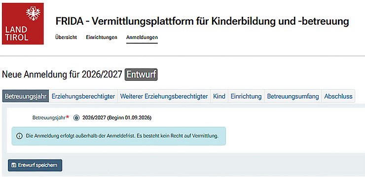 So sieht die Start-Maske von FRIDA aus. Außerhalb der Anmeldefrist von 1. Dezember 2025 bis 31. Jänner 2026 erscheint ein entsprechender Hinweis