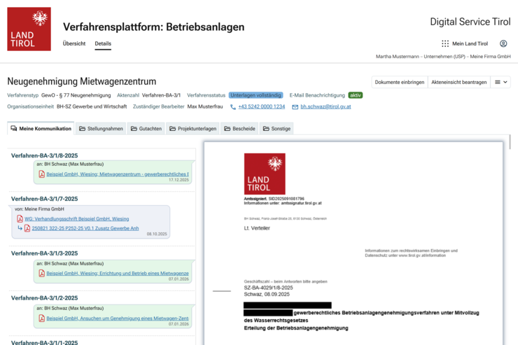 © Land Tirol Detailansicht eines Verfahrens mit den wesentlichen Informationen.