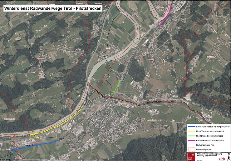 Satellitenaufnahme Bezirk Kufstein mit farblich eingezeichneten Pilotradwegen 