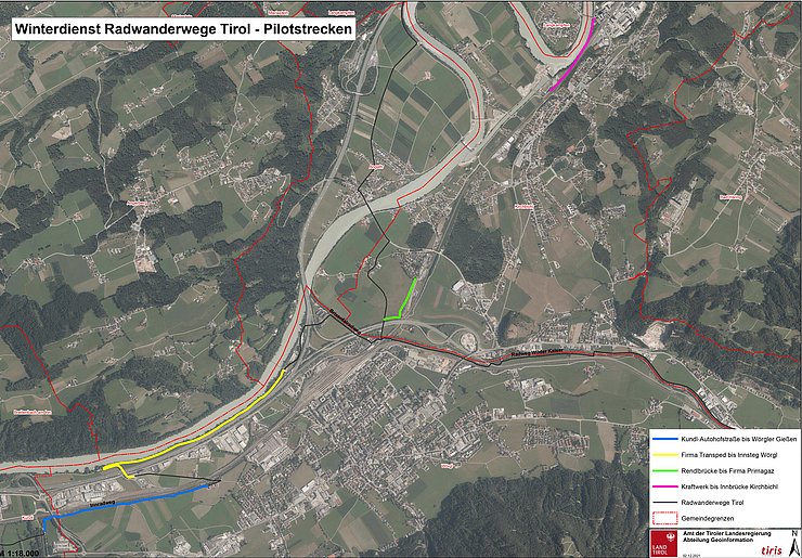 Kartenansicht mit den eingezeichneten Pilotstrecken