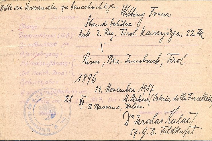 Feldpostkarte mit Todesnachricht 1917