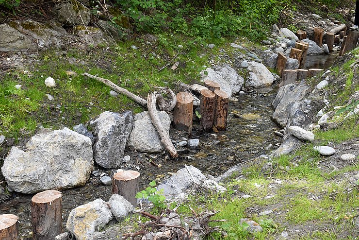 © Land Tirol/Jansenberger Holzpiloten und Fischunterstände bei einem Bach.