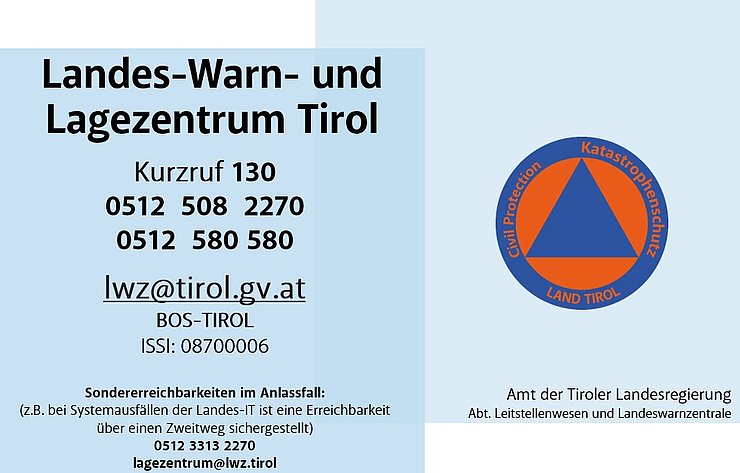 © Land Tirol / Drohnen-Einsatz-Gruppe Erreichbarkeiten LWLZ mit Telefonnummern, Email und Internetadresse