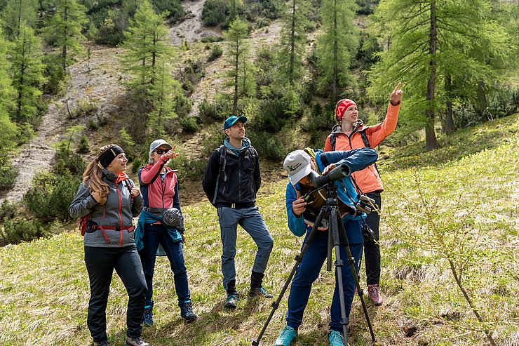 Fünf Menschen in der Natur mit Fernglas