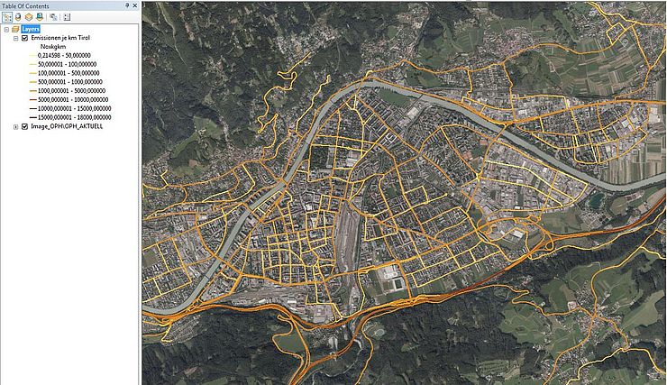 Emissionen [kg/km] von NOx auf Straßen in Tirol